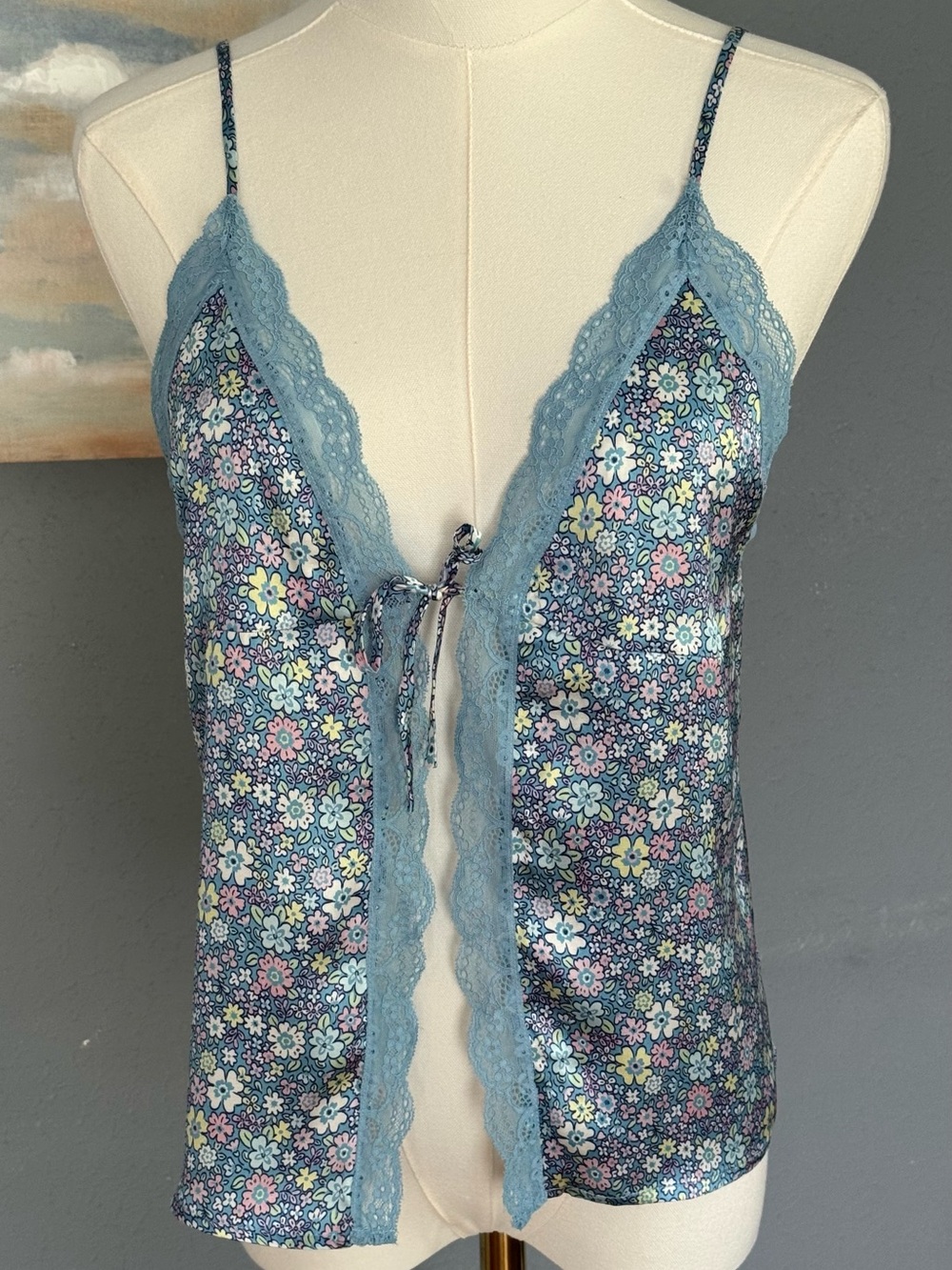 Frankies Bikinis Juliet Lace Silk Tank Blue Floral Size Medium
